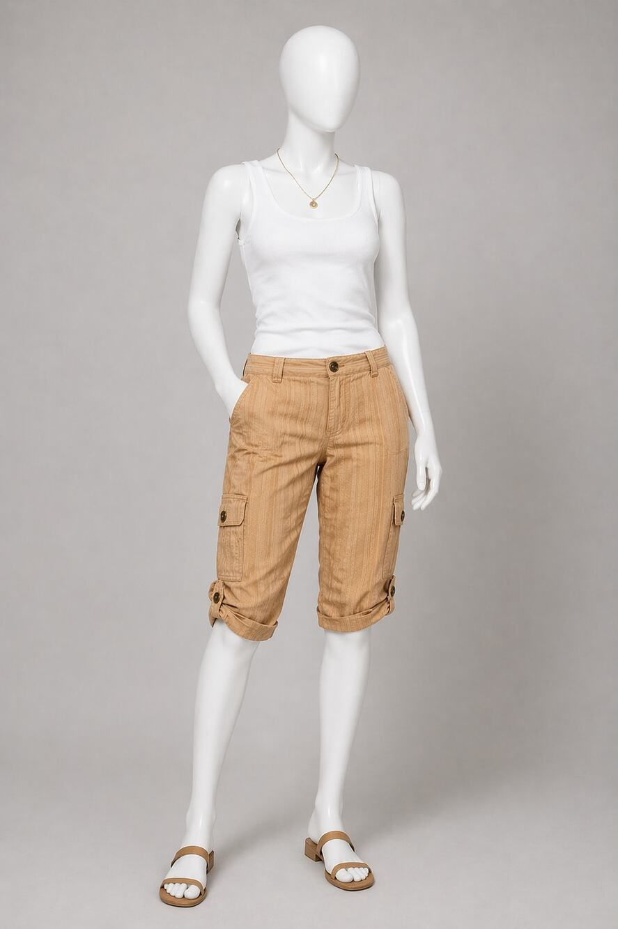 Trina Turk Cargo Capri Pants Womens 6 Tan Adjustable Hem Utility Boho USA made